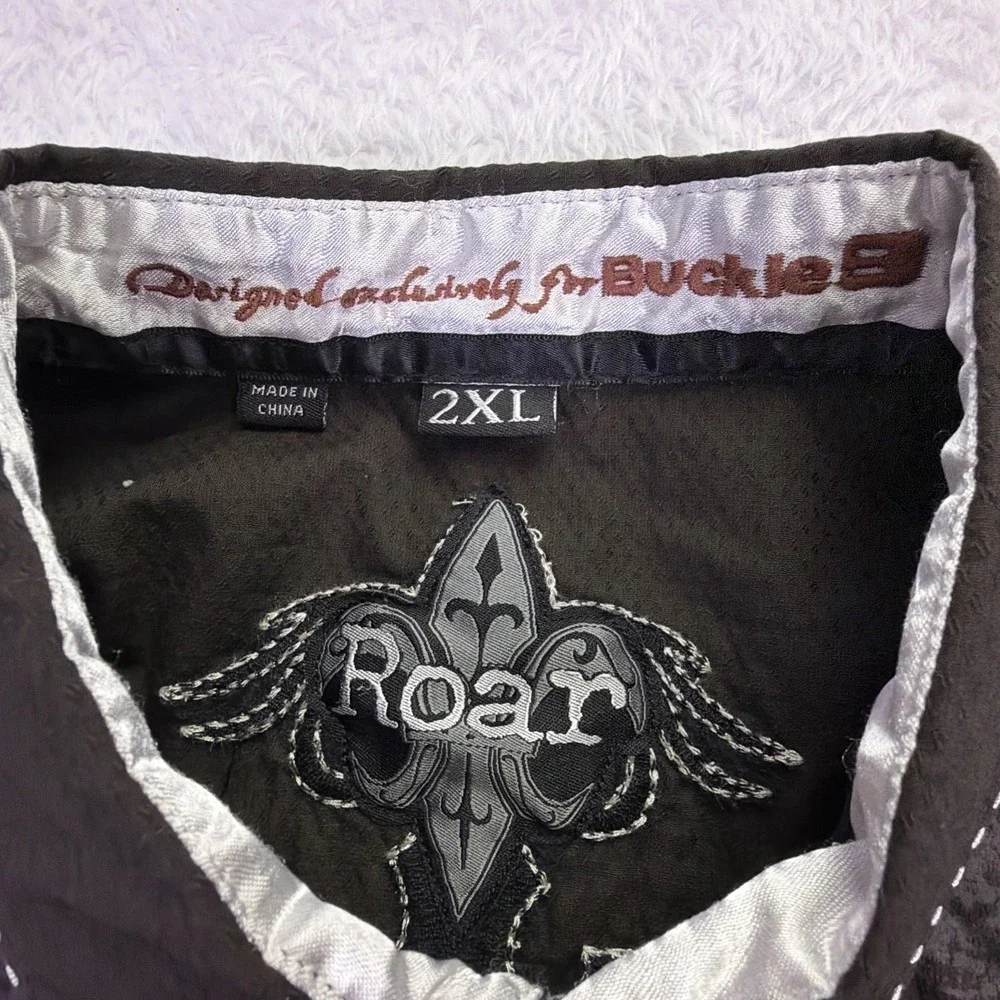 Roar Embroidered Dress Shirt Men's 2XL Black Western Grunge Festival Classic